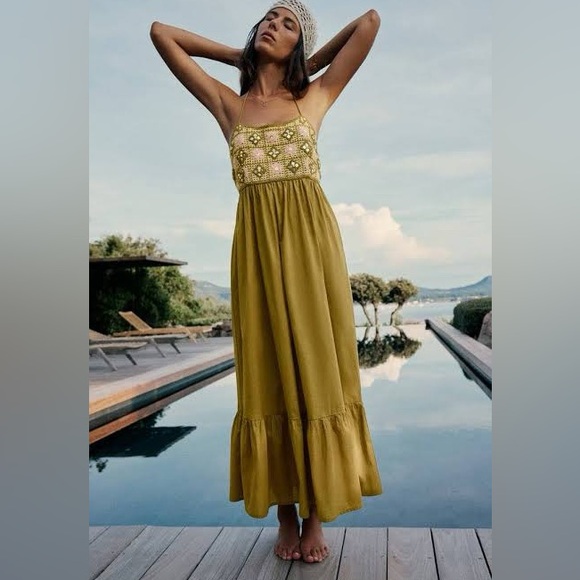 ZARA Mixed Beaded Crochet Lace Dress Halter Backless Khaki Midi-Maxi Dress - Picture 10 of 10